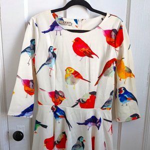Bright Bird Print 3/4 Sleeve Mini Fit and Flare Dress - size L